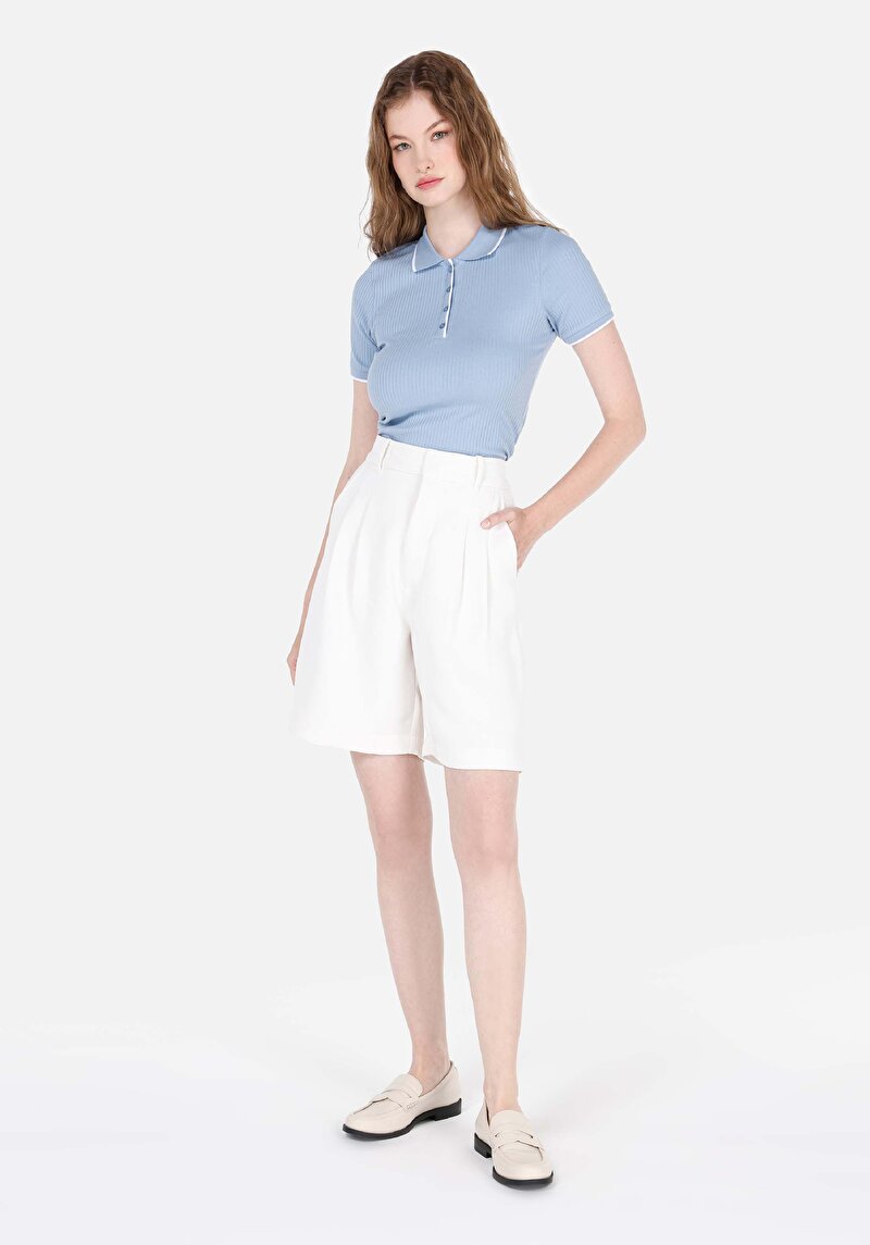 Slim Fit Polo Yaka Düz Kadın Mavi Kısa Kol Tişört