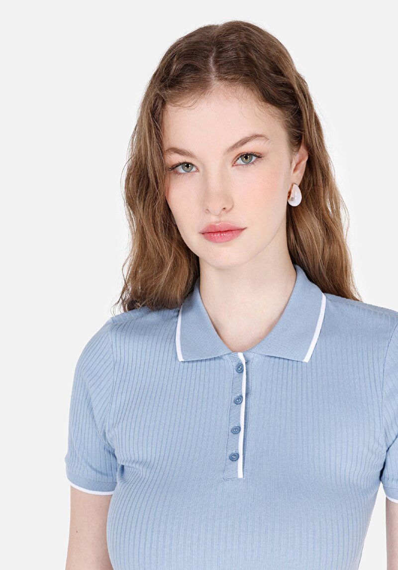Slim Fit Polo Yaka Düz Kadın Mavi Kısa Kol Tişört