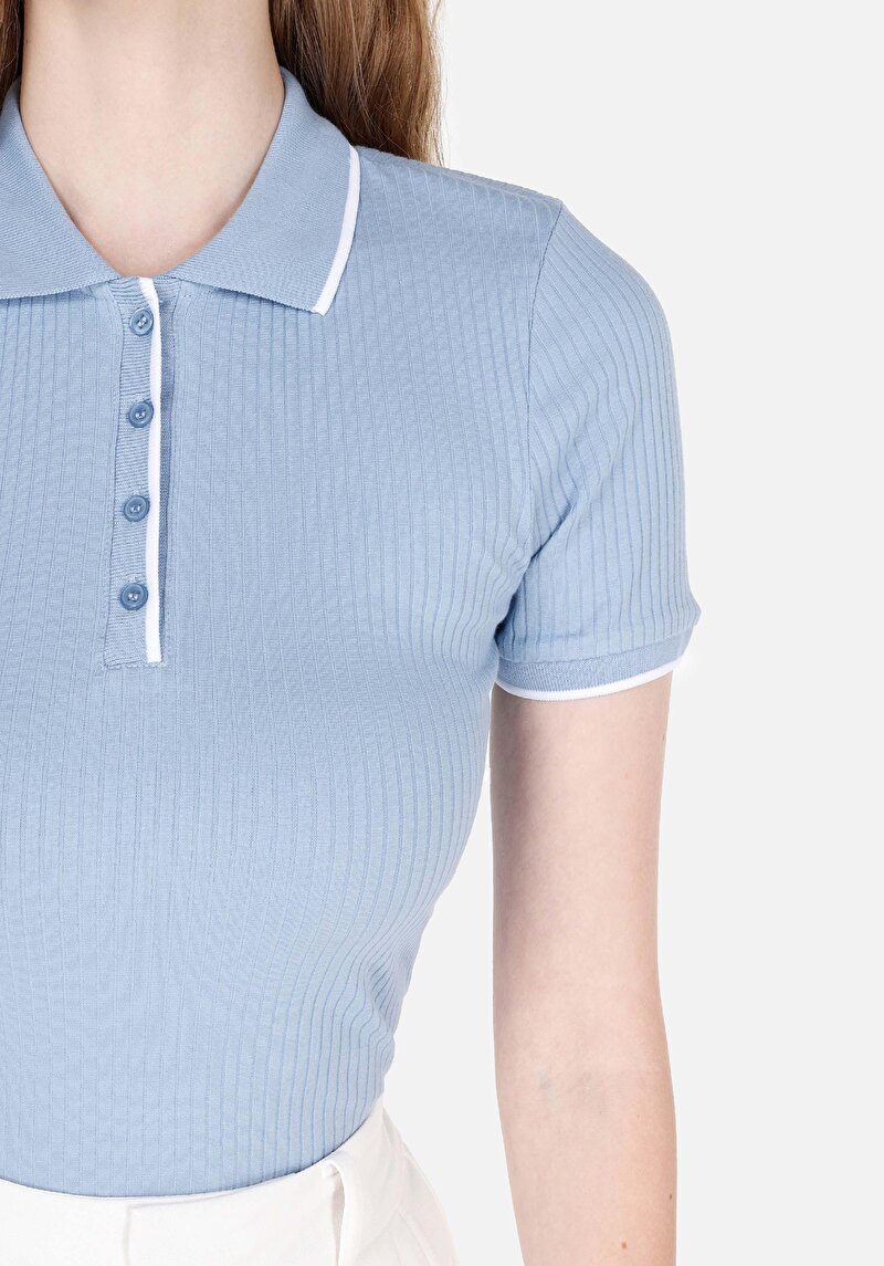 Slim Fit Polo Yaka Düz Kadın Mavi Kısa Kol Tişört