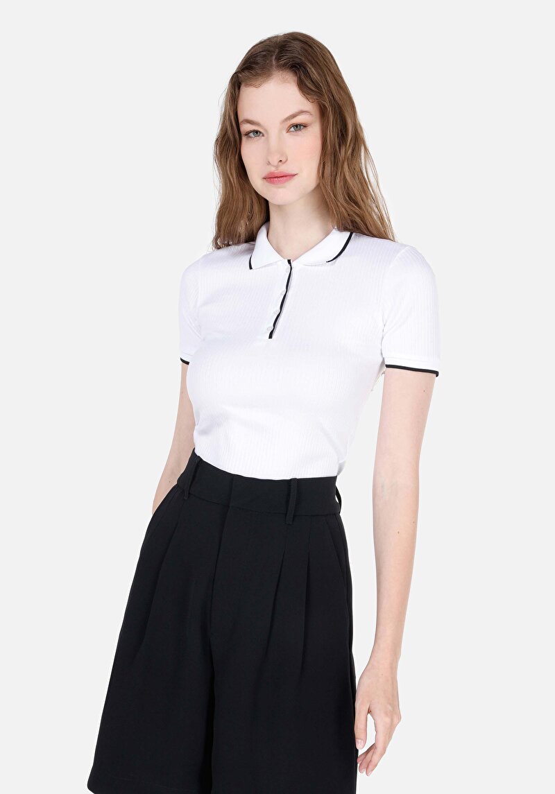 Slim Fit Polo Yaka Düz Kadın Beyaz Kısa Kol Tişört