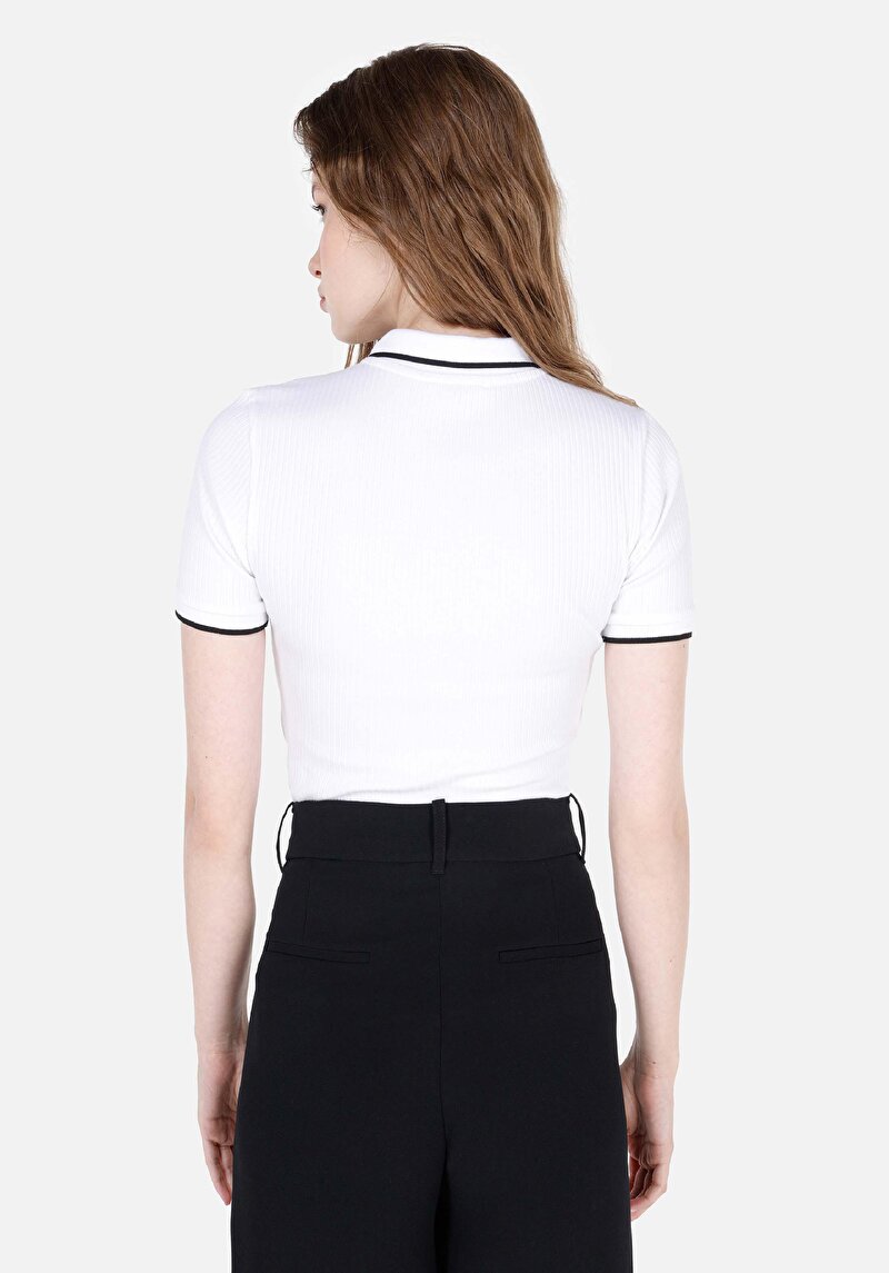 Slim Fit Polo Yaka Düz Kadın Beyaz Kısa Kol Tişört