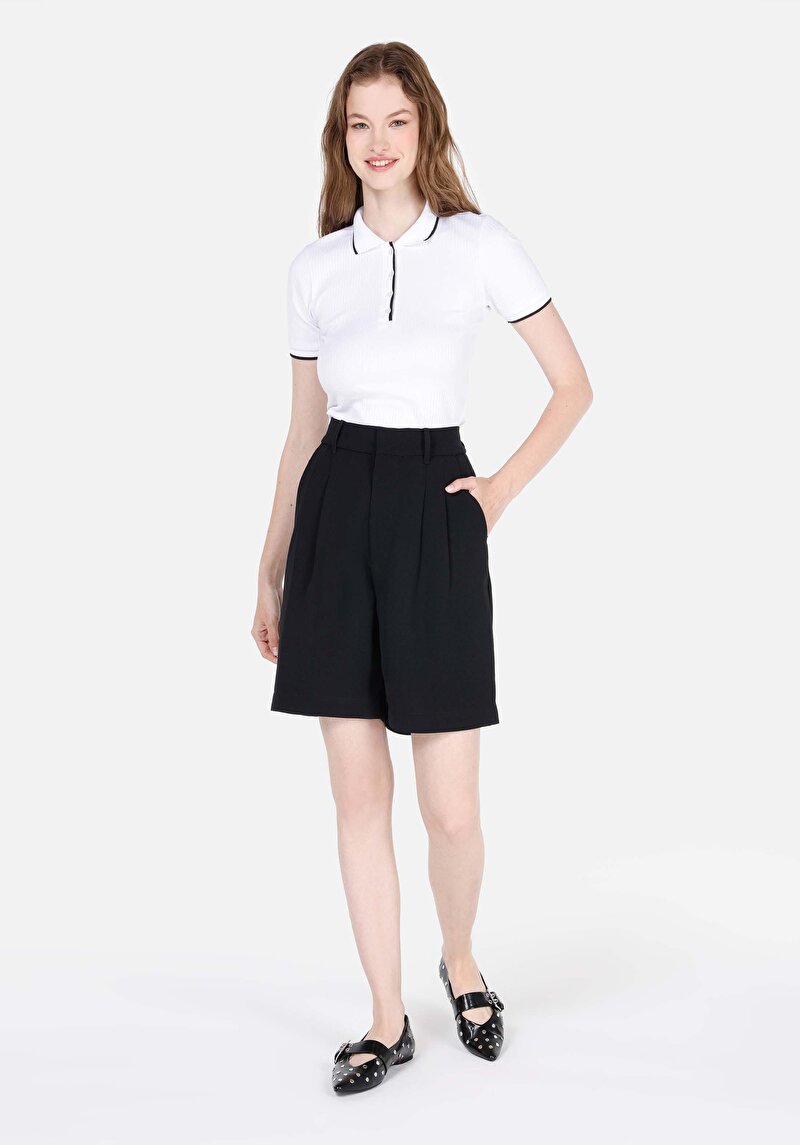 Slim Fit Polo Yaka Düz Kadın Beyaz Kısa Kol Tişört