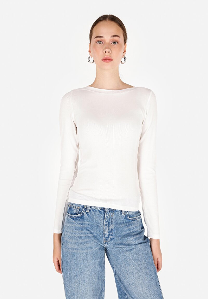 Slim Fit Kayık Yaka Düz Kadın Beyaz Uzun Kol Tişört