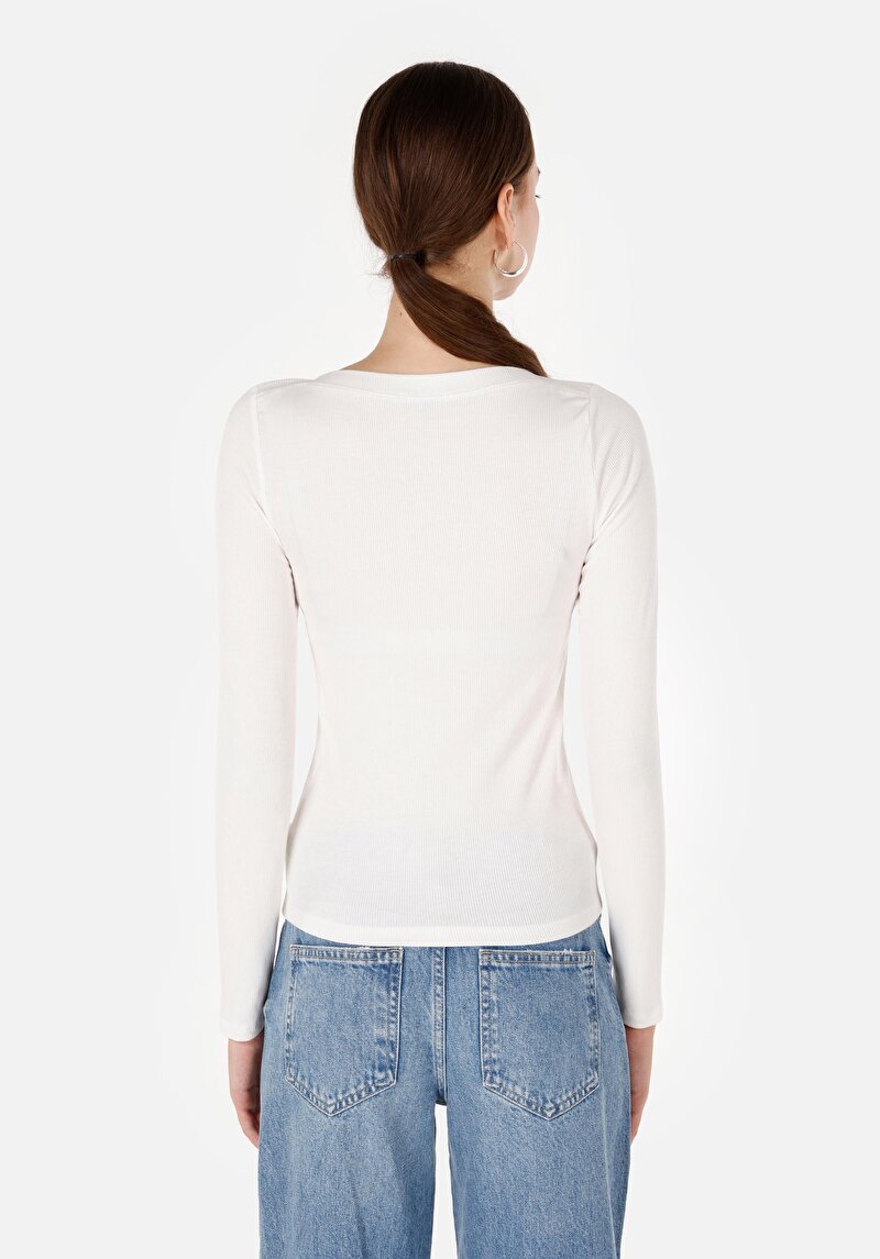 Slim Fit Kayık Yaka Düz Kadın Beyaz Uzun Kol Tişört