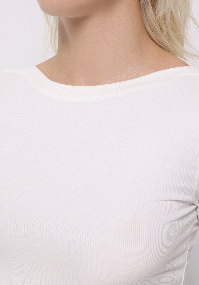 Slim Fit Kayık Yaka Düz Kadın Beyaz Uzun Kol Tişört
