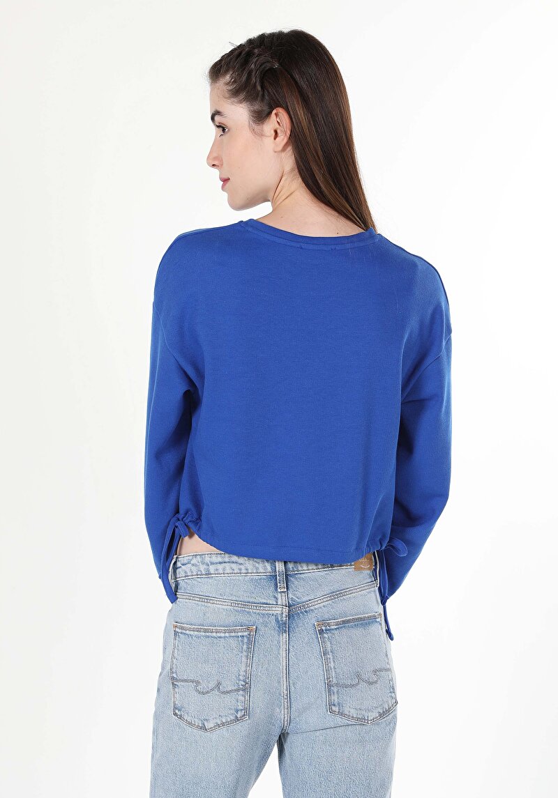 Regular Fit Yuvarlak Yaka Düz Kadın Mavi Uzun Kol Tişört
