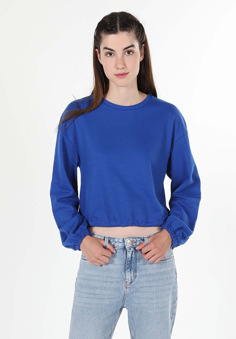 Regular Fit Yuvarlak Yaka Düz Kadın Mavi Uzun Kol Tişört