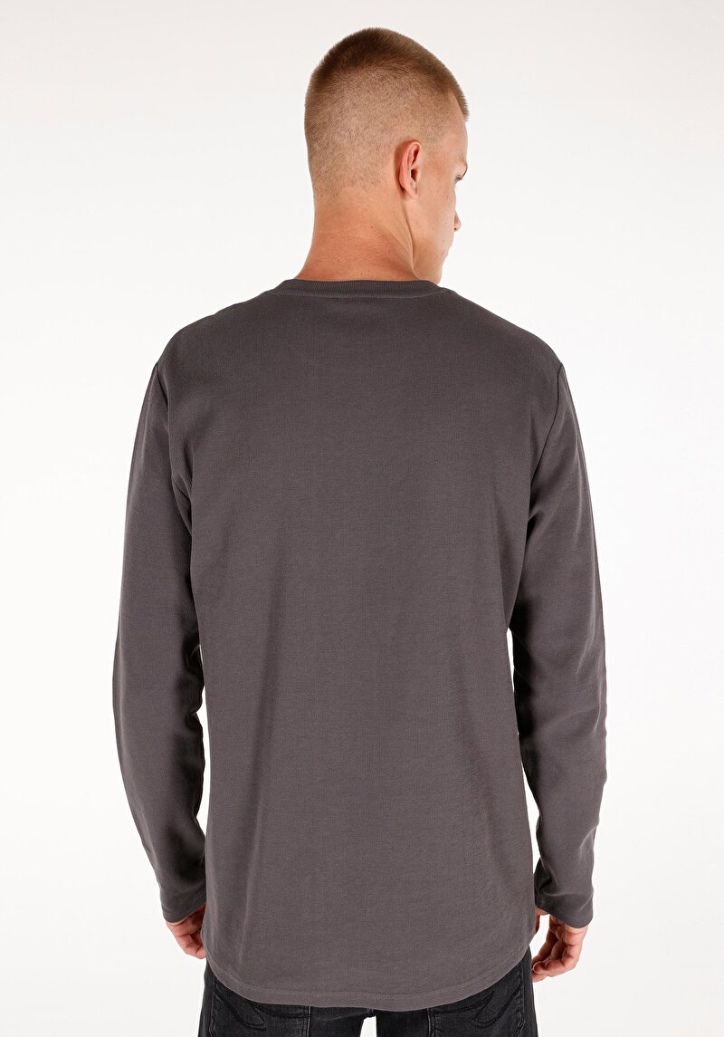 Regular Fit Yuvarlak Yaka Düz Pamuklu Erkek Gri Uzun Kol Tişört