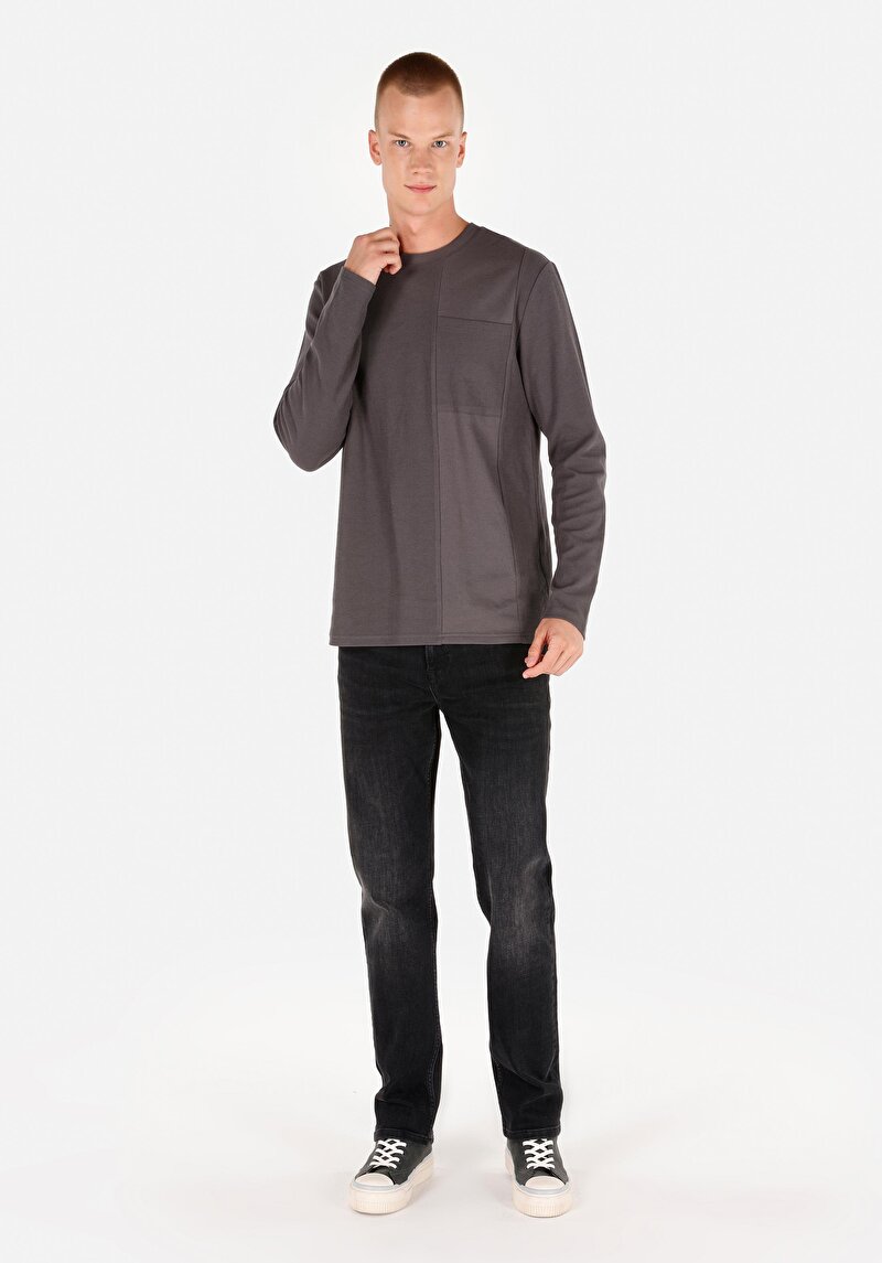Regular Fit Yuvarlak Yaka Düz Pamuklu Erkek Gri Uzun Kol Tişört