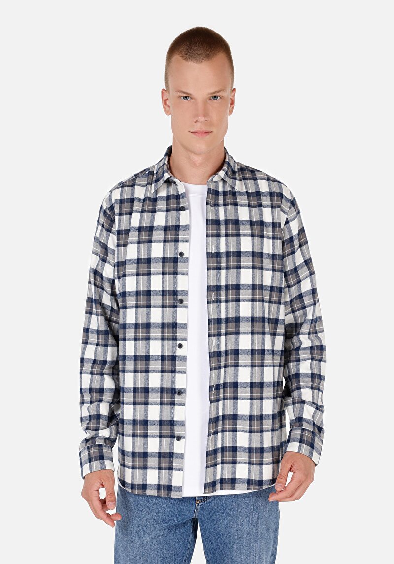 Regular Fit Pamuklu Shirt Neck Ekoseli Erkek Lacivert Uzun Kol Gömlek