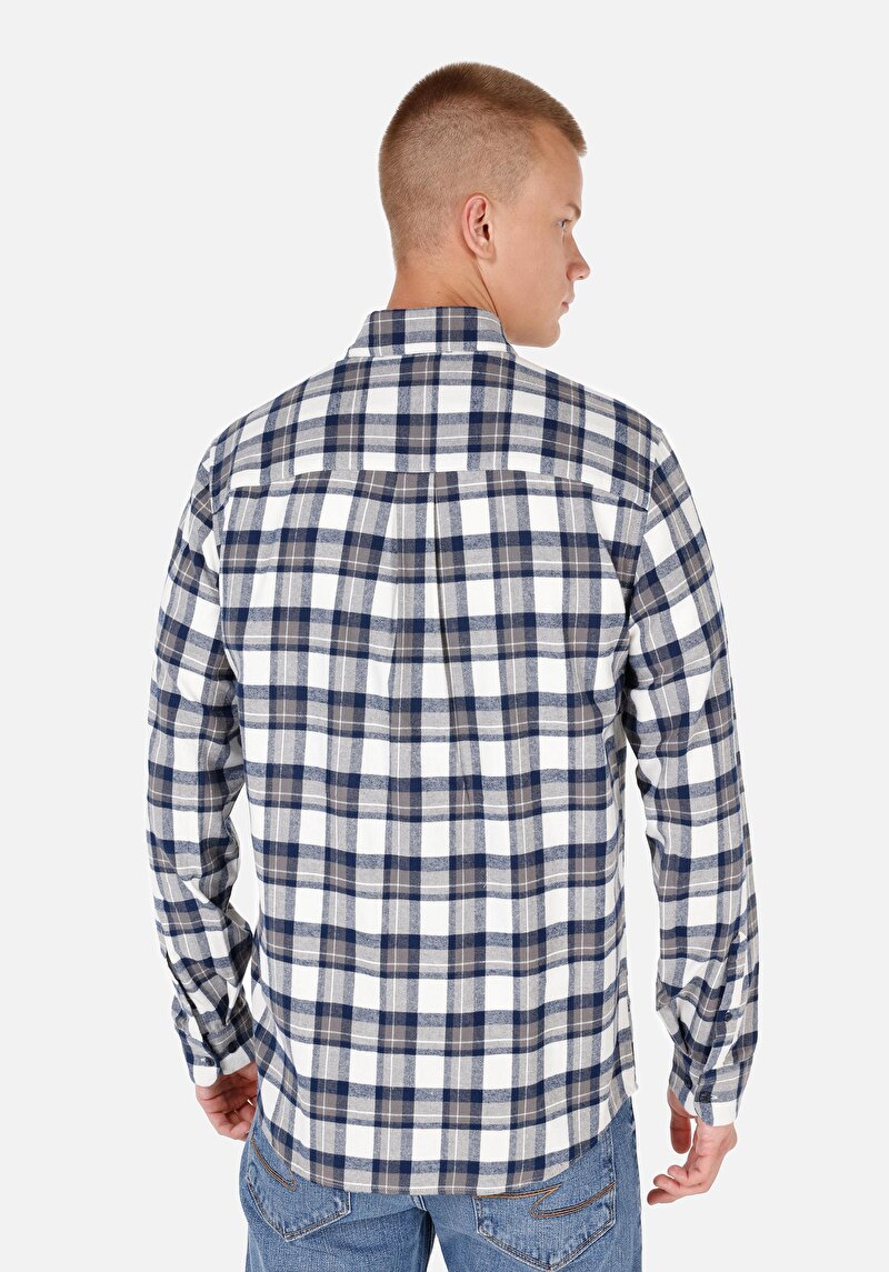 Regular Fit Pamuklu Shirt Neck Ekoseli Erkek Lacivert Uzun Kol Gömlek