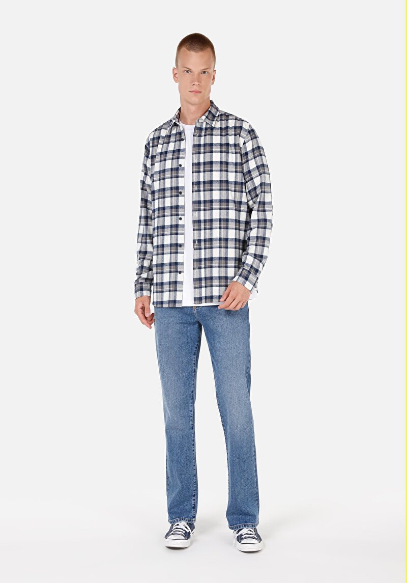 Regular Fit Pamuklu Shirt Neck Ekoseli Erkek Lacivert Uzun Kol Gömlek