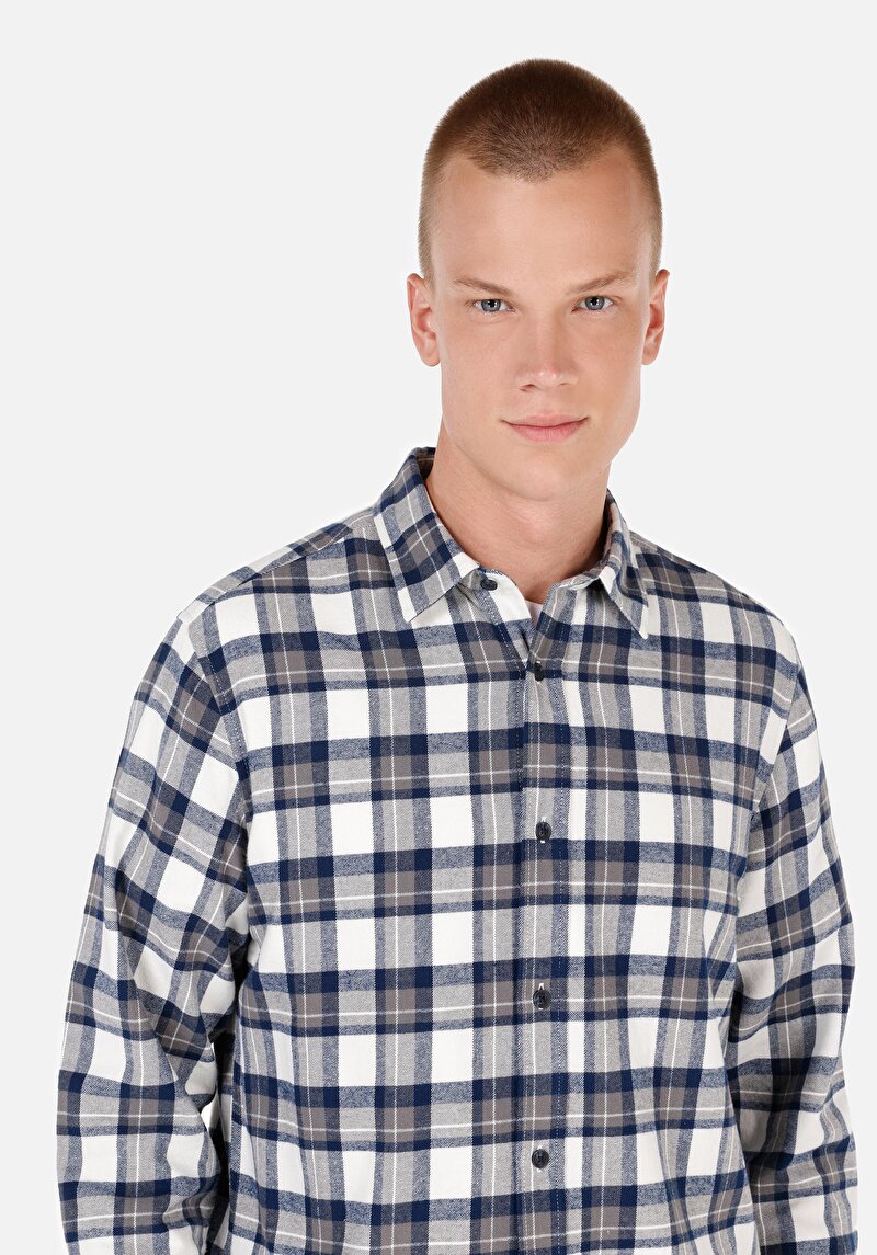 Regular Fit Pamuklu Shirt Neck Ekoseli Erkek Lacivert Uzun Kol Gömlek