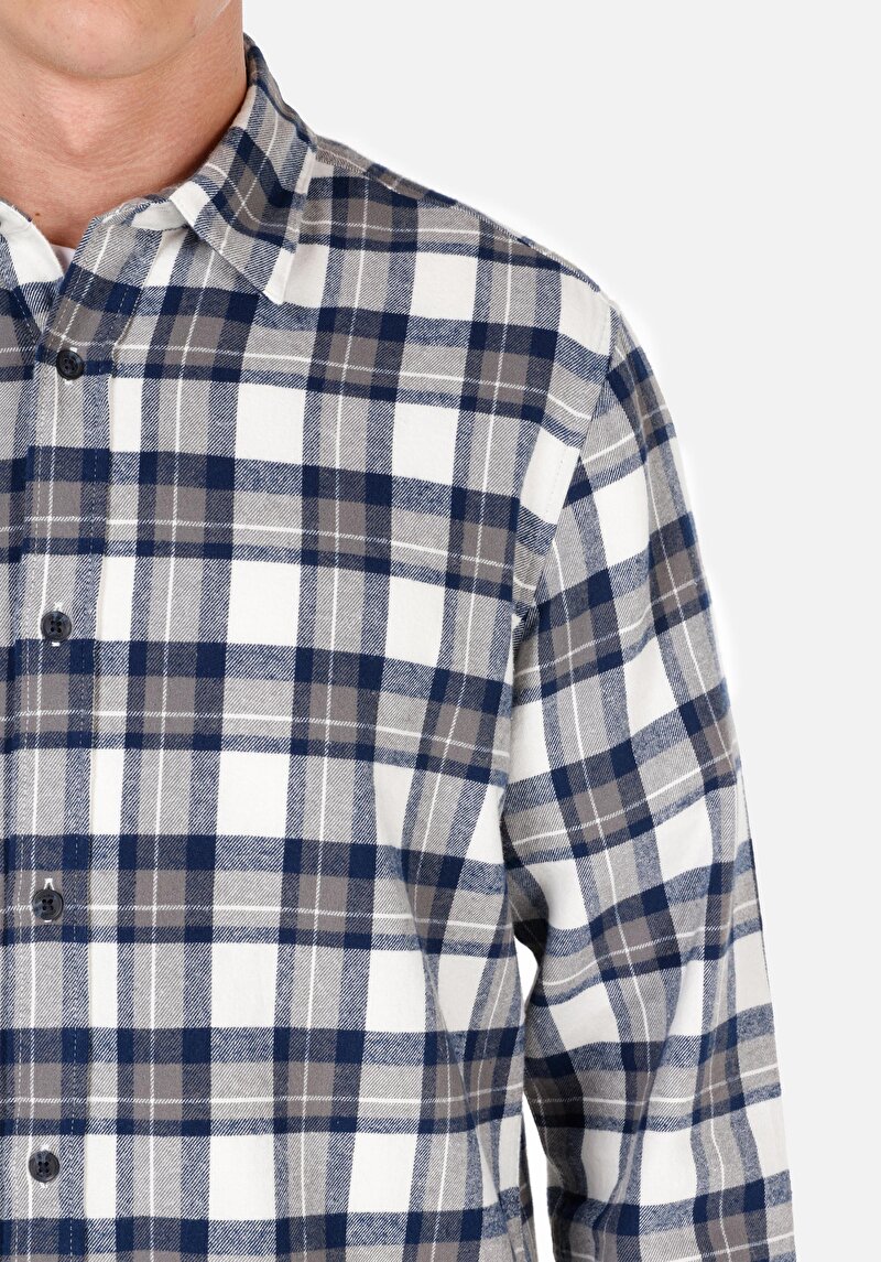 Regular Fit Shirt Neck Ekoseli Erkek Lacivert Uzun Kol Gömlek
