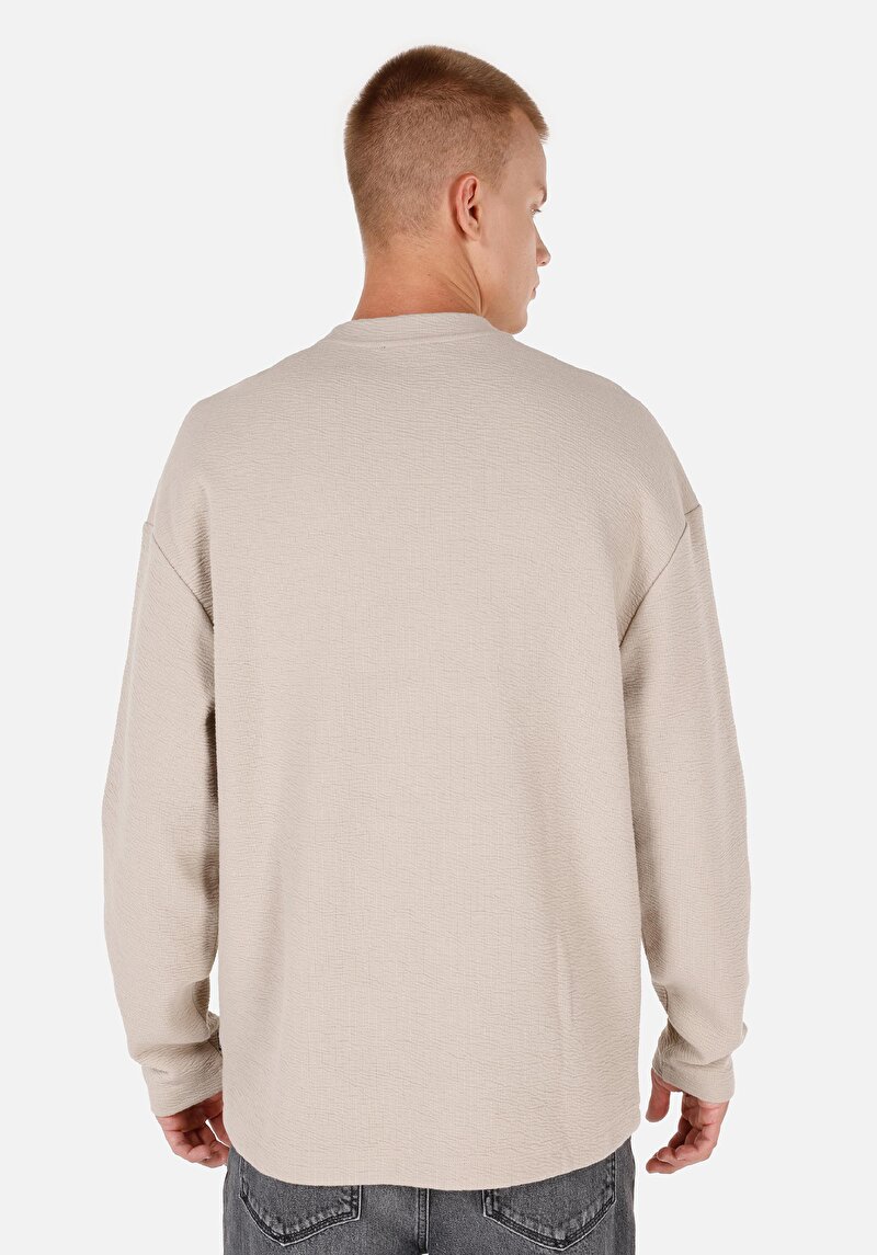 Comfort Fit Yuvarlak Yaka Jakarlı Erkek Bej Uzun Kol Tişört