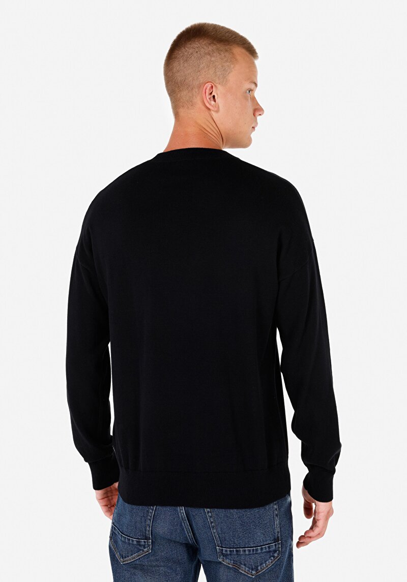 Comfort Fit Yuvarlak Yaka Cepli Jakarlı Erkek Siyah Kazak