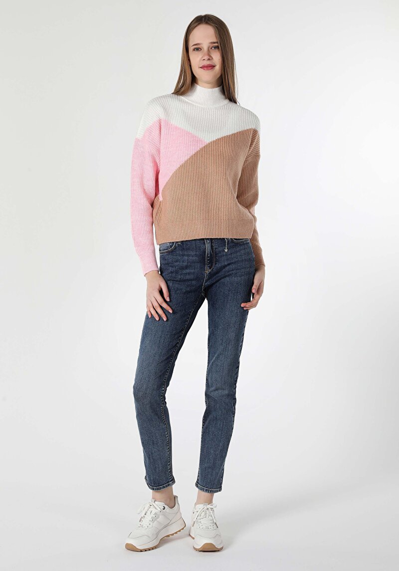 Comfort Fit Yuvarlak Yaka Düz Kadın Çok Renkli Kazak