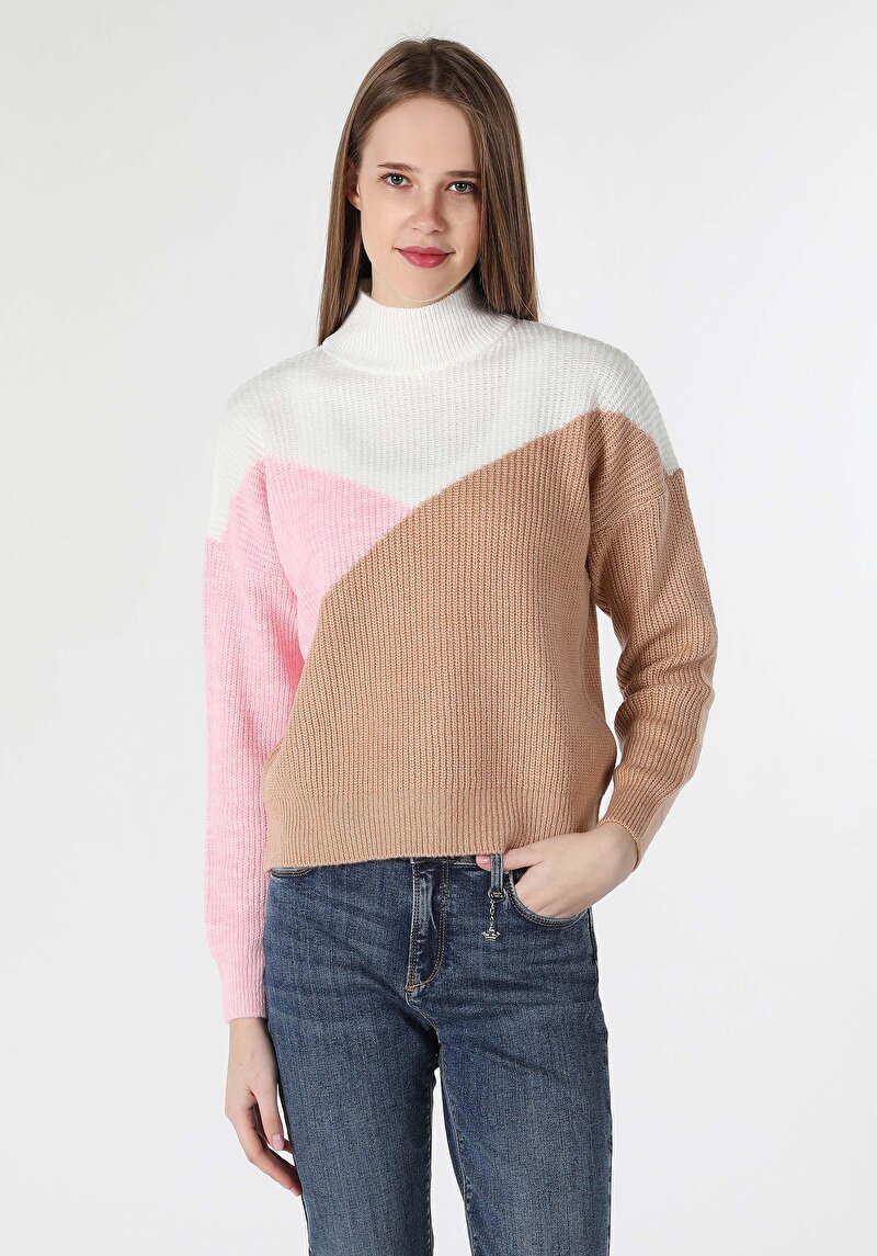 Comfort Fit Yuvarlak Yaka Düz Kadın Çok Renkli Kazak