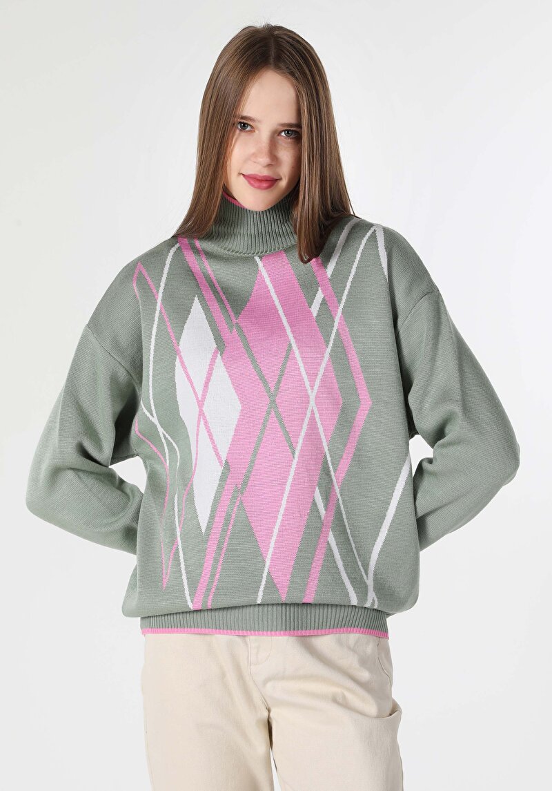 Regular Fit Balıkçı Yaka Etnik Kadın Çok Renkli Kazak