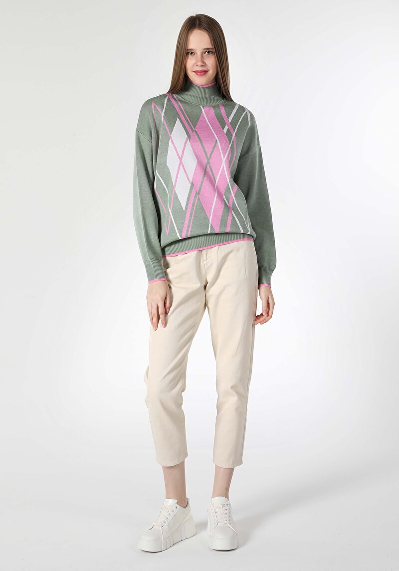 Regular Fit Balıkçı Yaka Etnik Kadın Çok Renkli Kazak