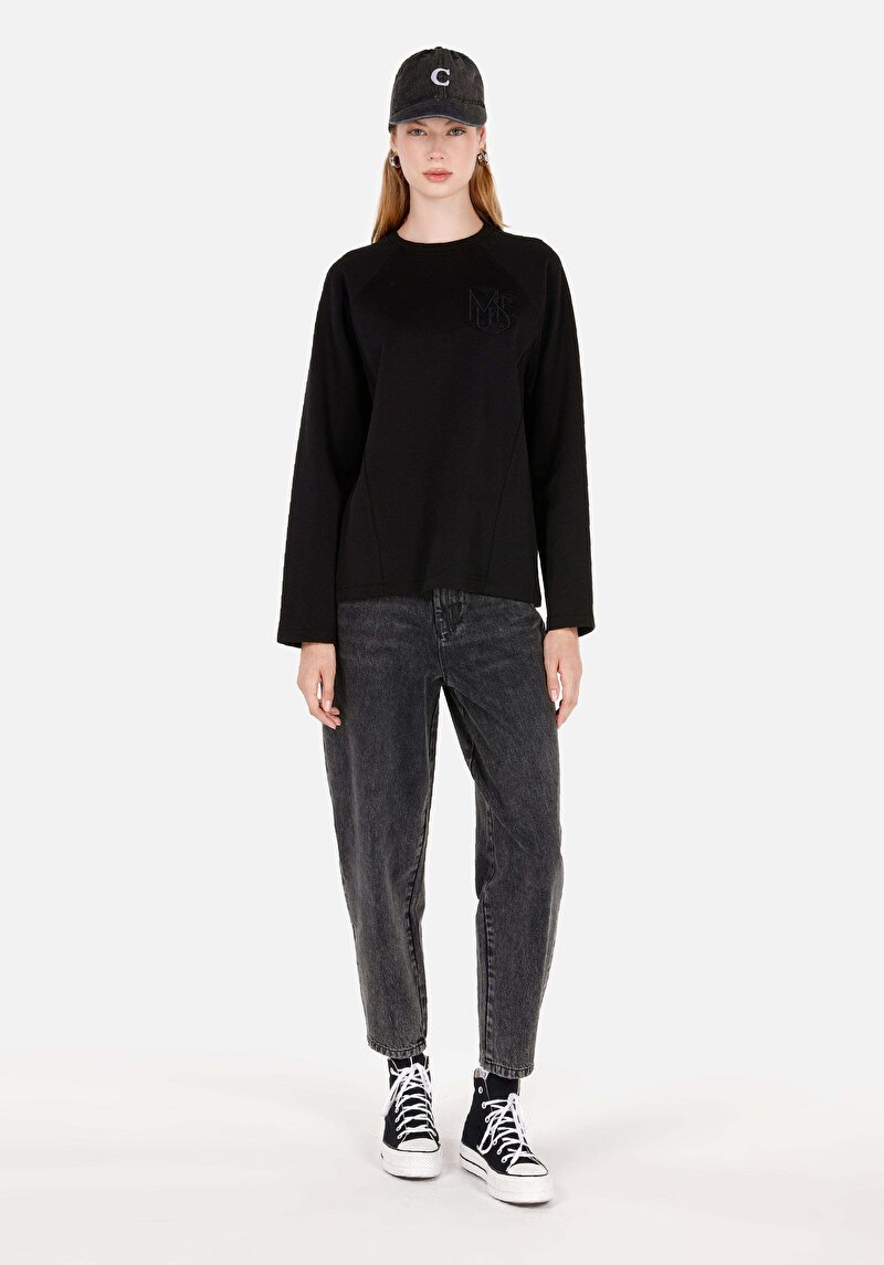 Regular Fit Yuvarlak Yaka Kadın Siyah Uzun Kol Tişört