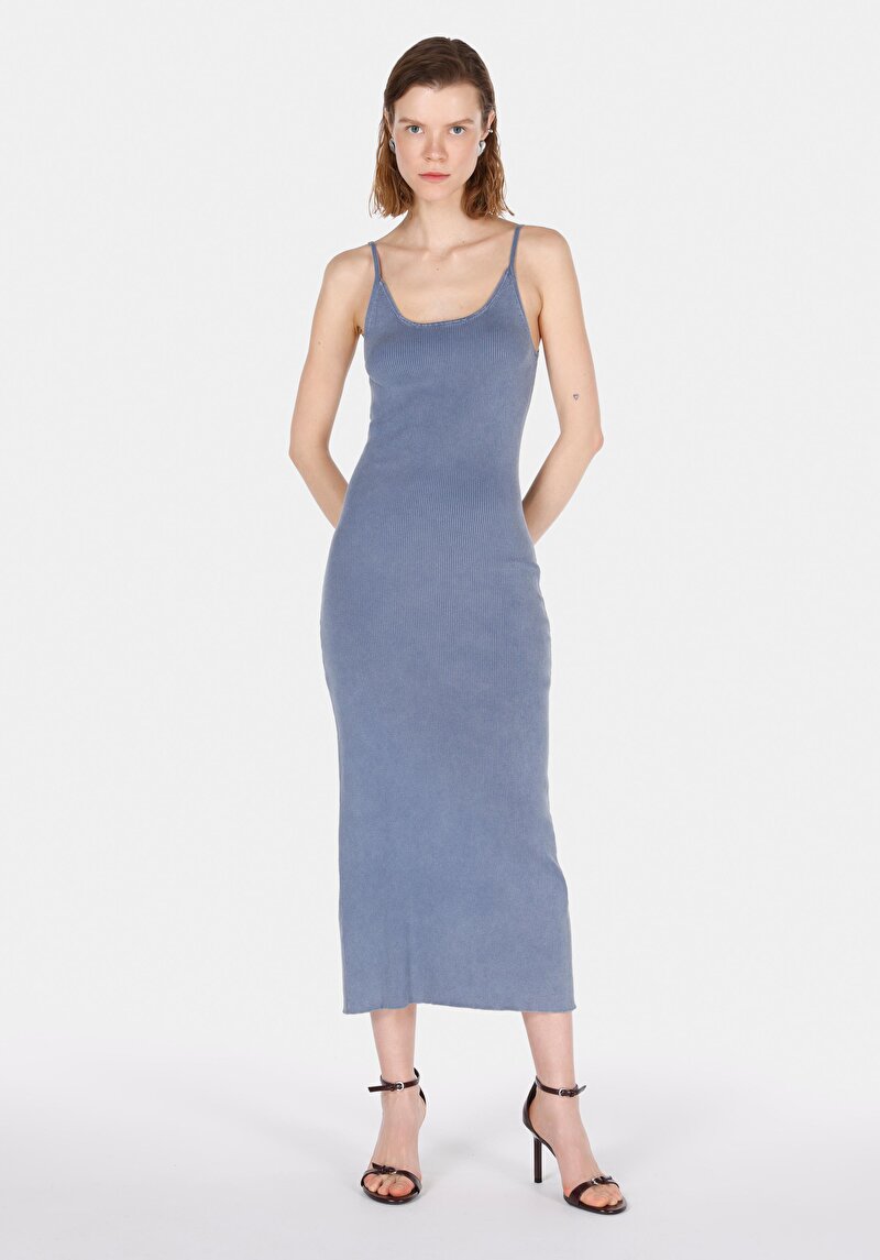 Slim Fit Düz Kadın Mavi Askılı Elbise