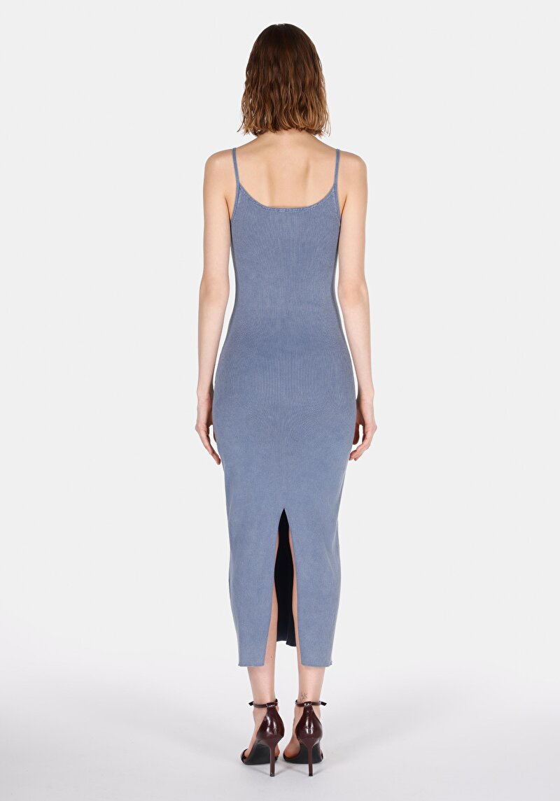 Slim Fit Düz Kadın Mavi Askılı Elbise