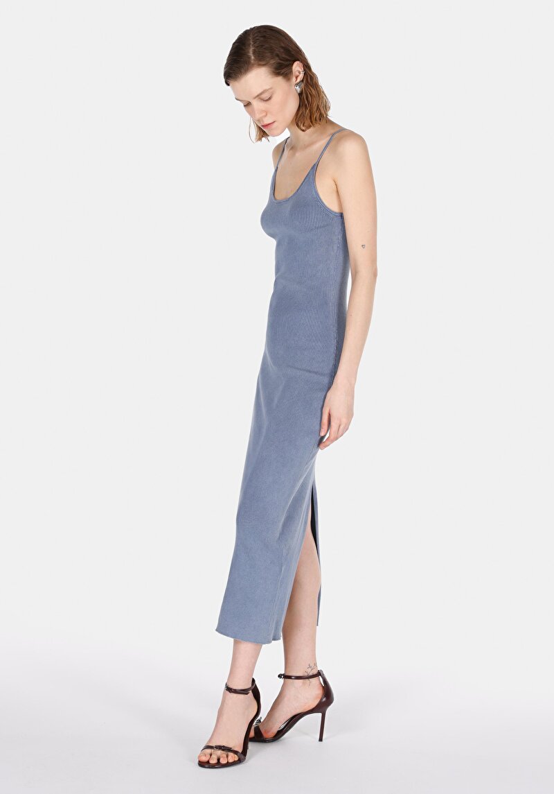 Slim Fit Düz Kadın Mavi Askılı Elbise