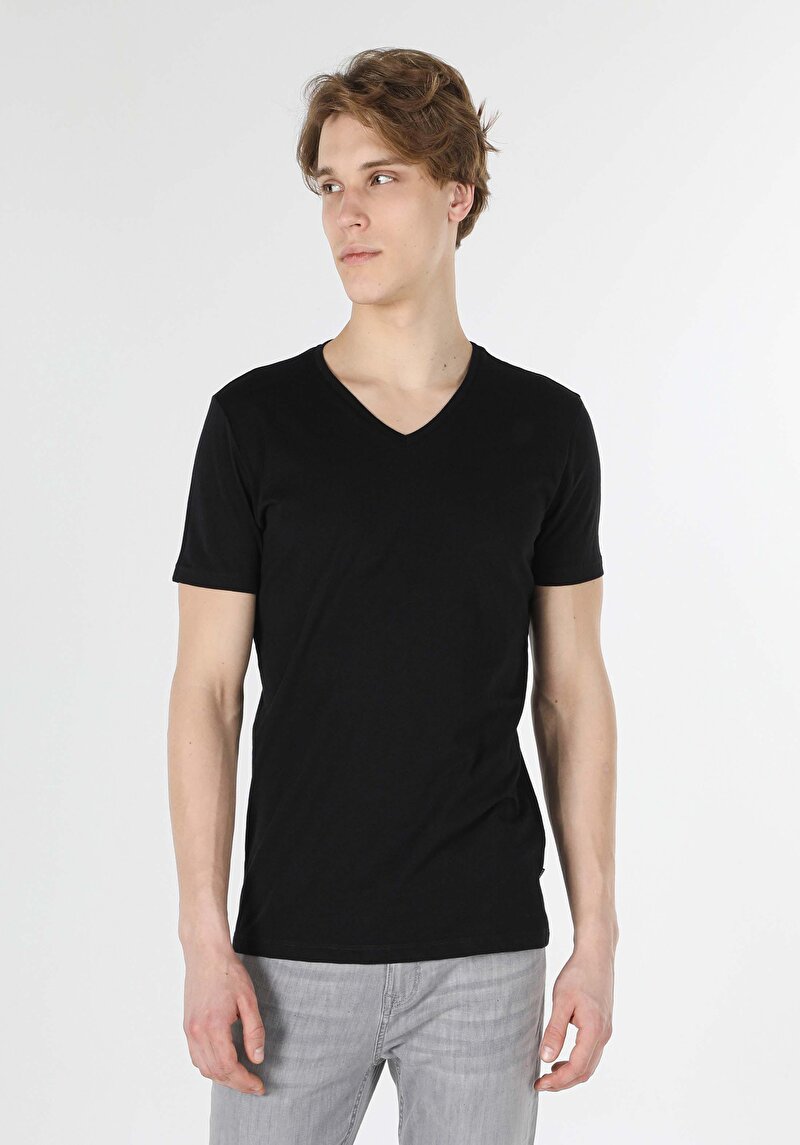 Slim Fit V Yaka  Erkek Siyah Kısa Kol Tişört Cltktmtsh0212440