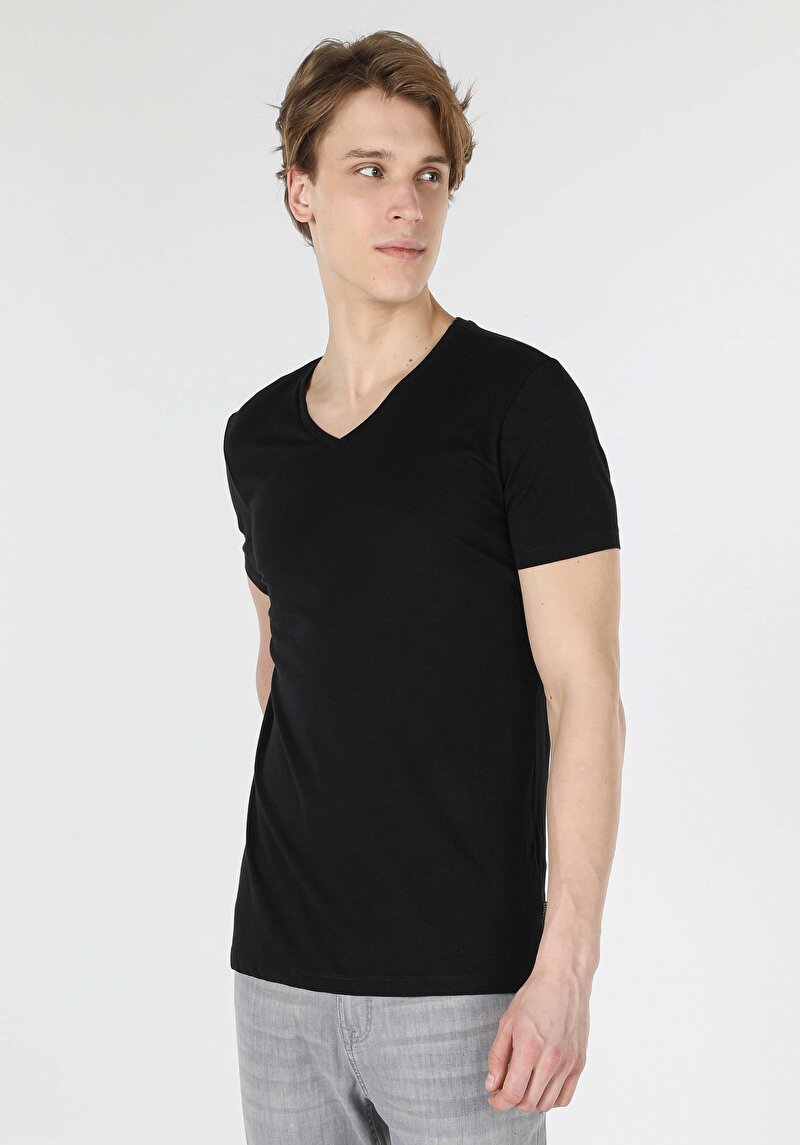 Slim Fit V Yaka  Erkek Siyah Kısa Kol Tişört Cltktmtsh0212440