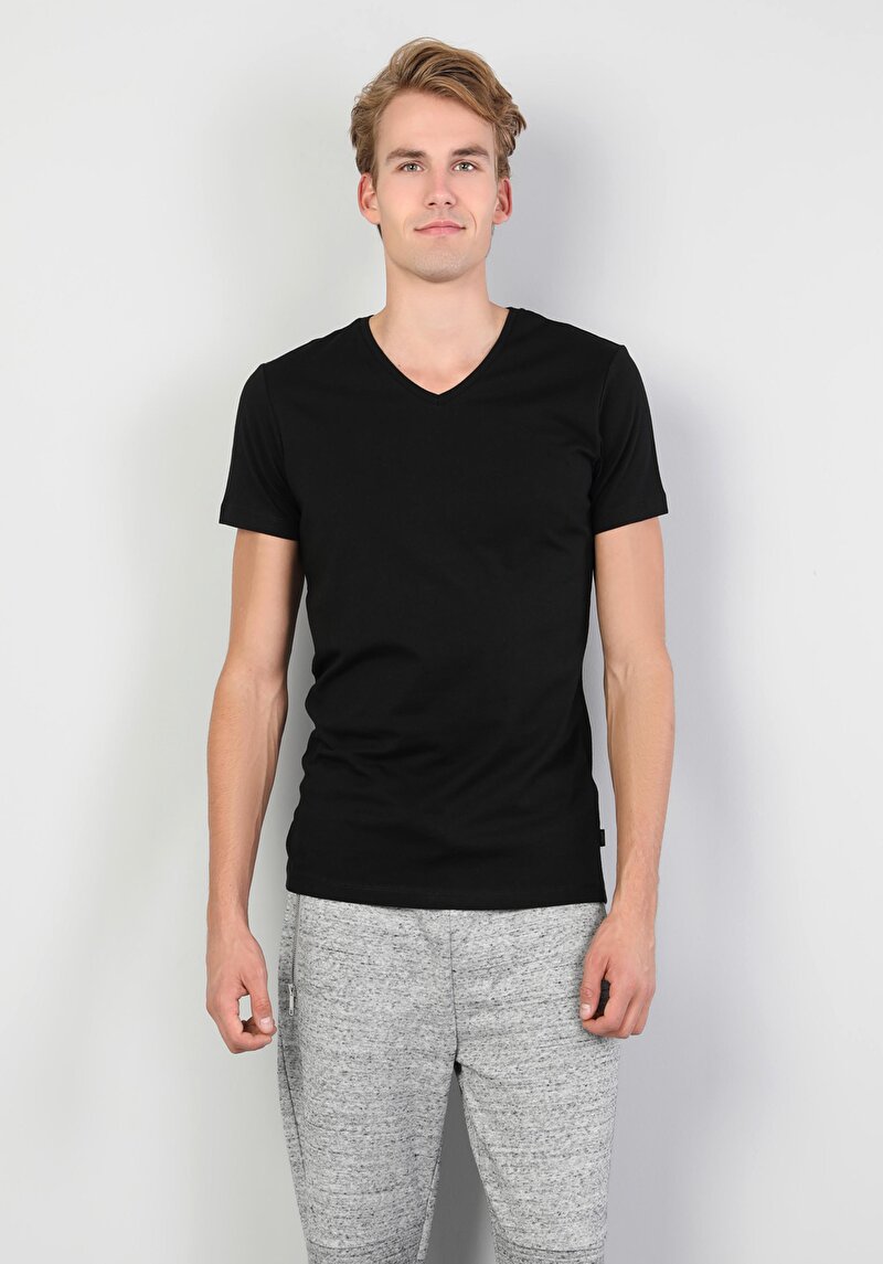 Slim Fit V Yaka  Erkek Siyah Kısa Kol Tişört Cltktmtsh0212440