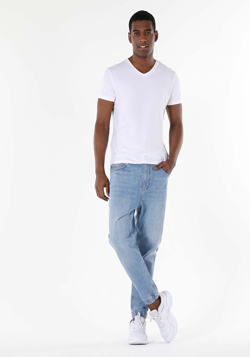 Slim Fit V Yaka  Erkek Beyaz Kısa Kol Tişört Cltktmtsh0212440