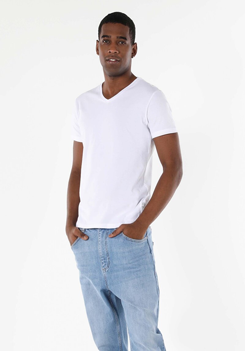 Slim Fit V Yaka  Erkek Beyaz Kısa Kol Tişört Cltktmtsh0212440