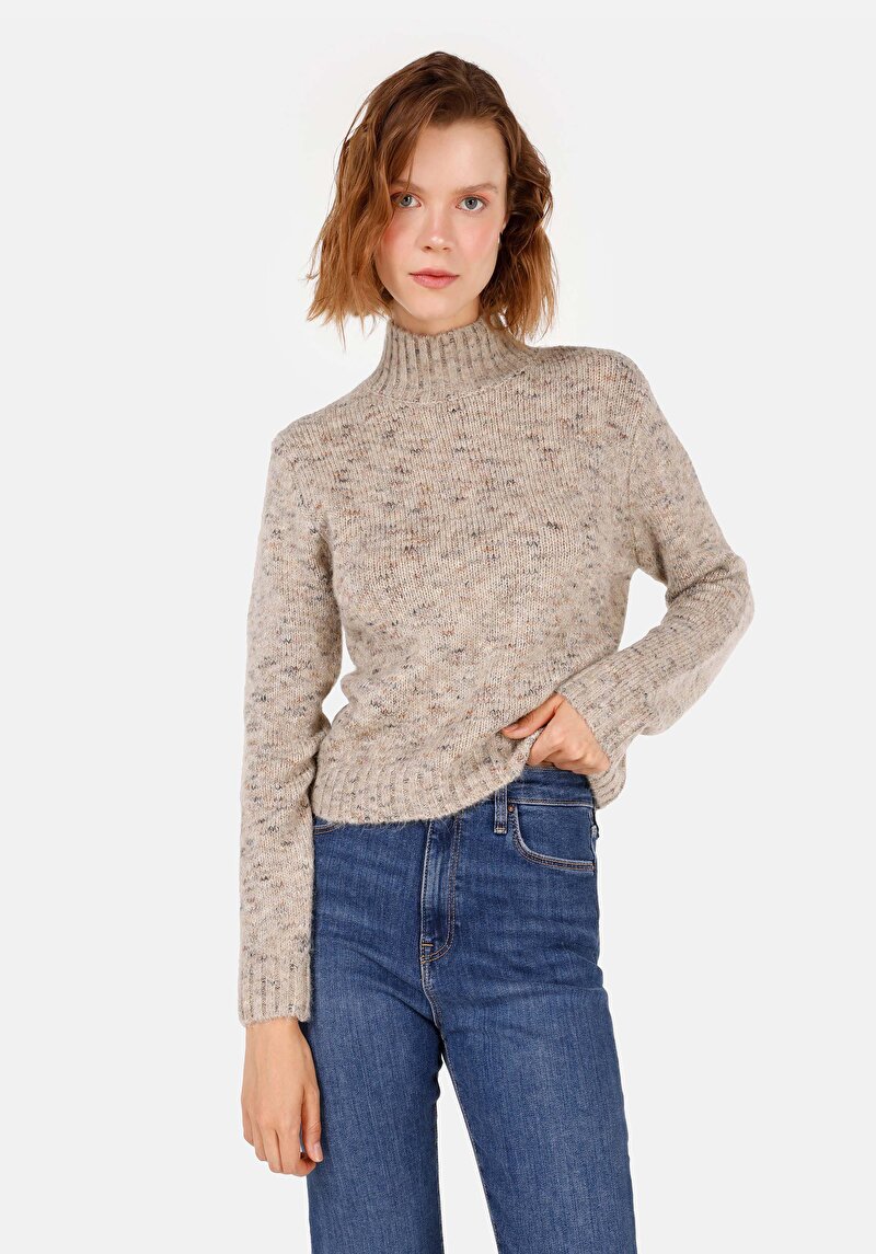 Slim Fit Dik Yaka  Kadın Bej Kazak