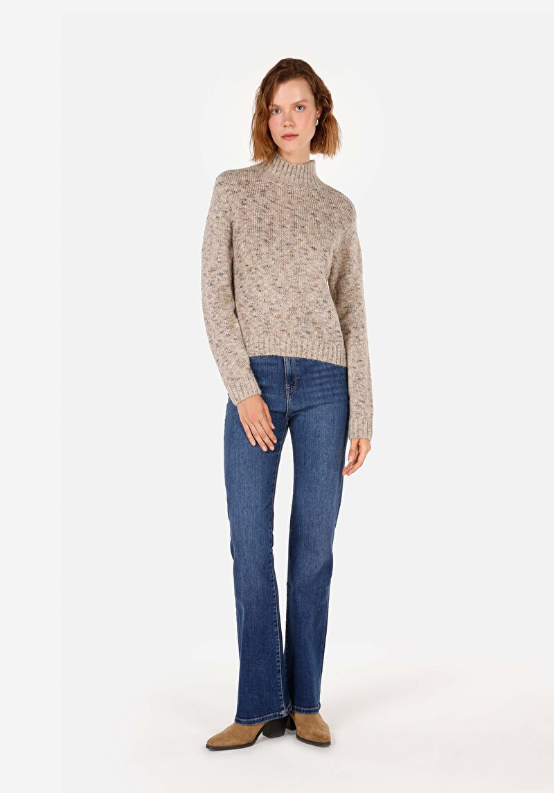 Slim Fit Dik Yaka  Kadın Bej Kazak