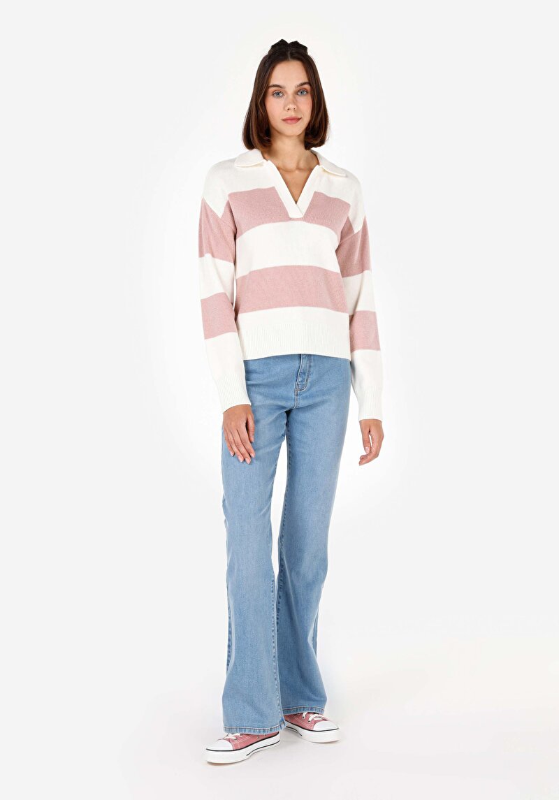 Slim Fit Polo Yaka Kadın Pembe Kazak