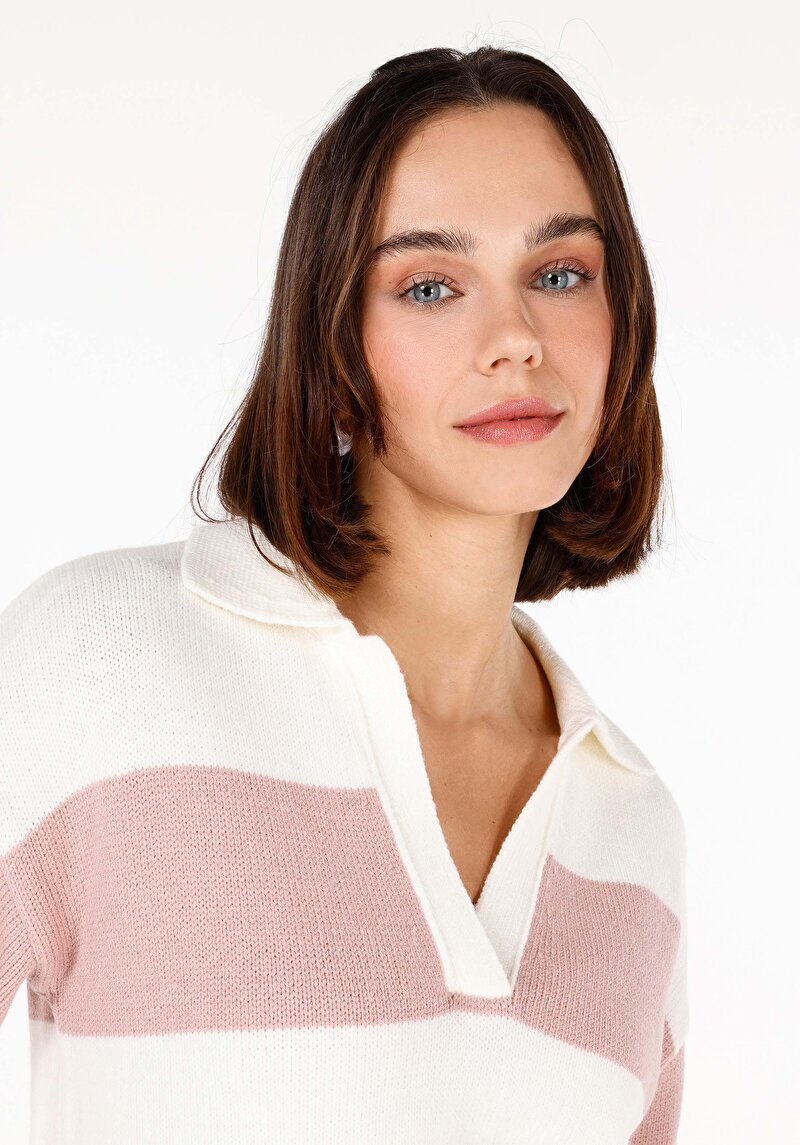 Slim Fit Polo Yaka Kadın Pembe Kazak