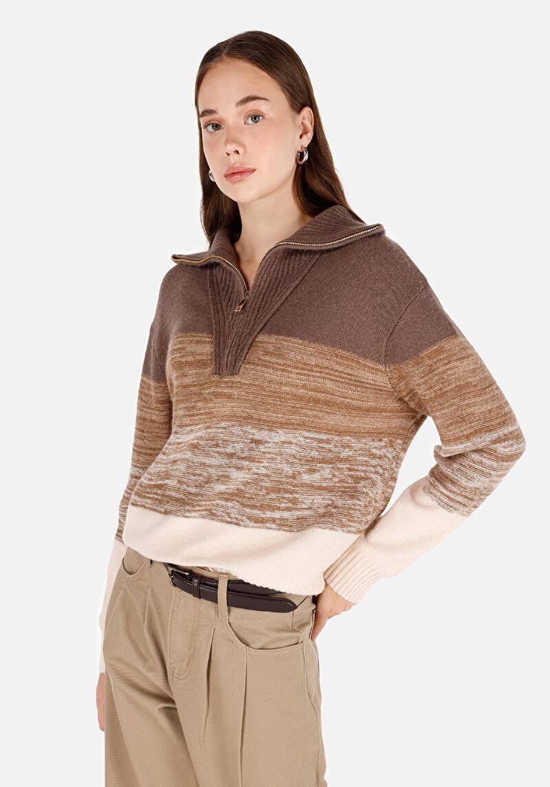 Regular Fit Fermuarlı Kadın Çok Renkli Kazak