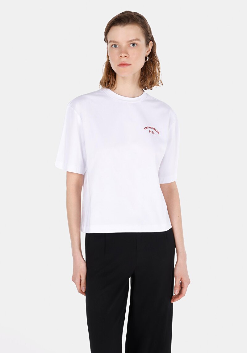 Regular Fit Yuvarlak Yaka Baskılı Kadın Beyaz Kısa Kol Tişört