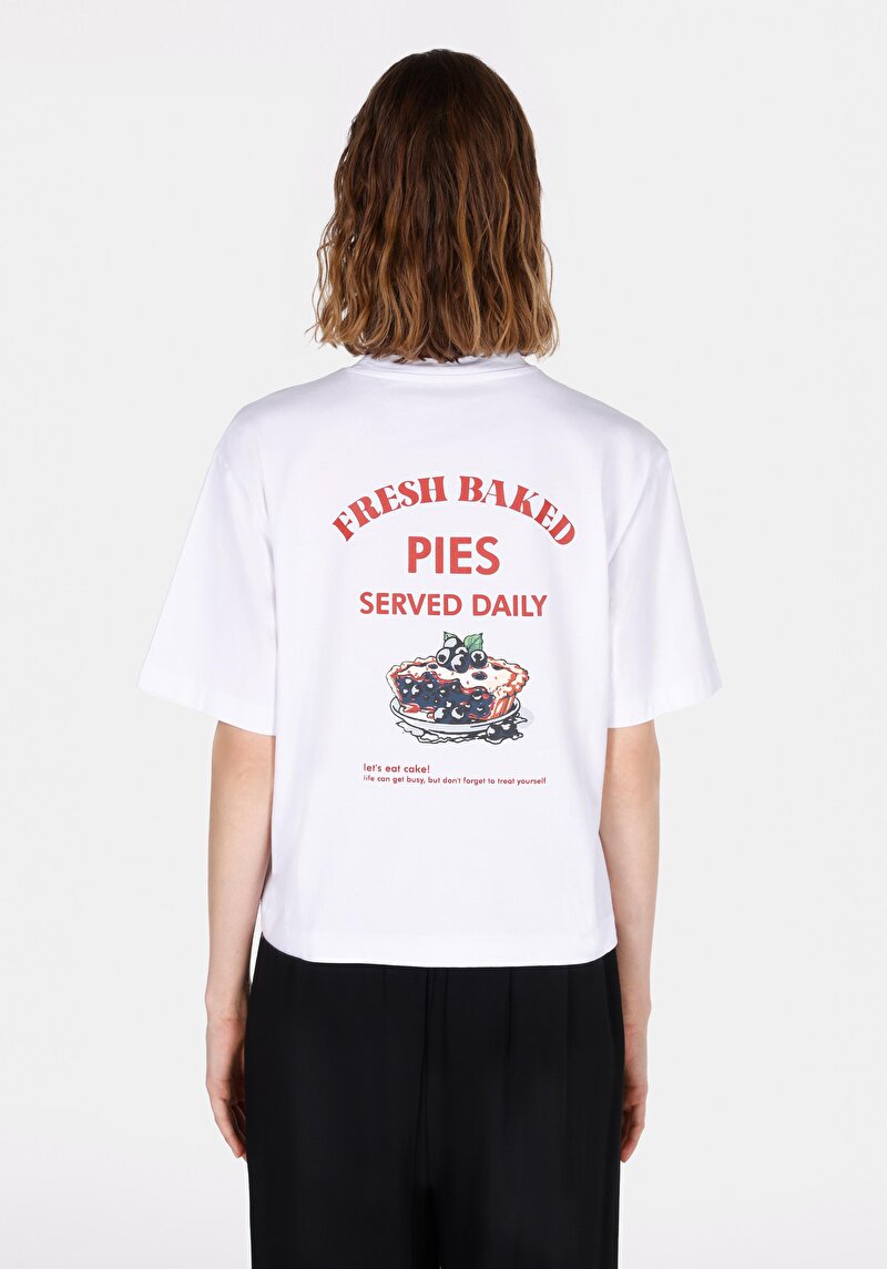 Regular Fit Yuvarlak Yaka Baskılı Kadın Beyaz Kısa Kol Tişört