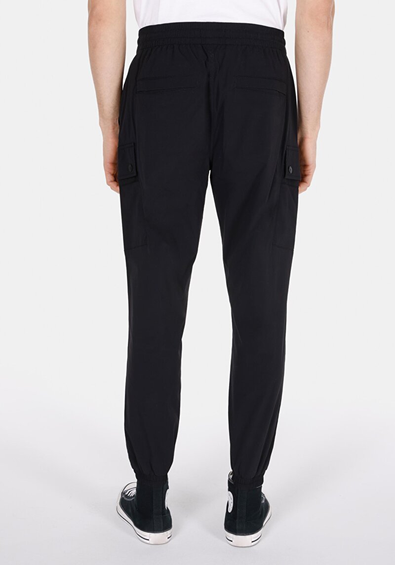 Slim Fit Orta Bel Lastikli Paça Erkek Siyah Pantolon