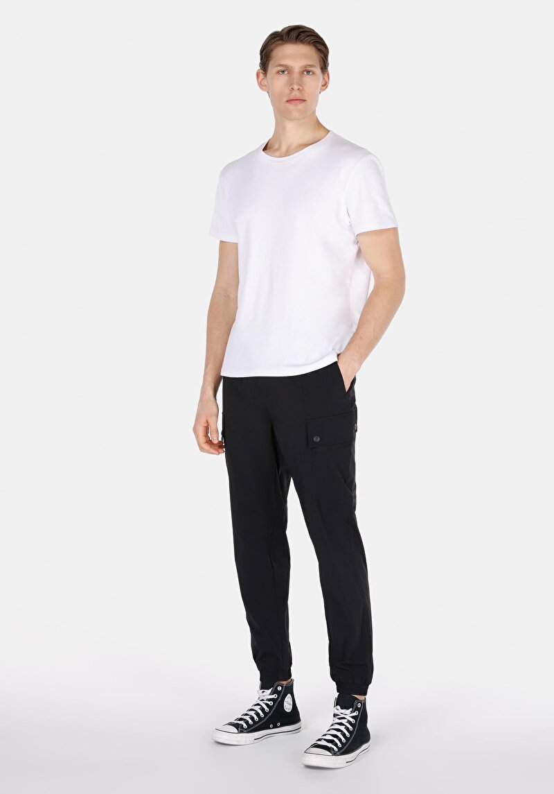 Slim Fit Orta Bel Lastikli Paça Erkek Siyah Pantolon