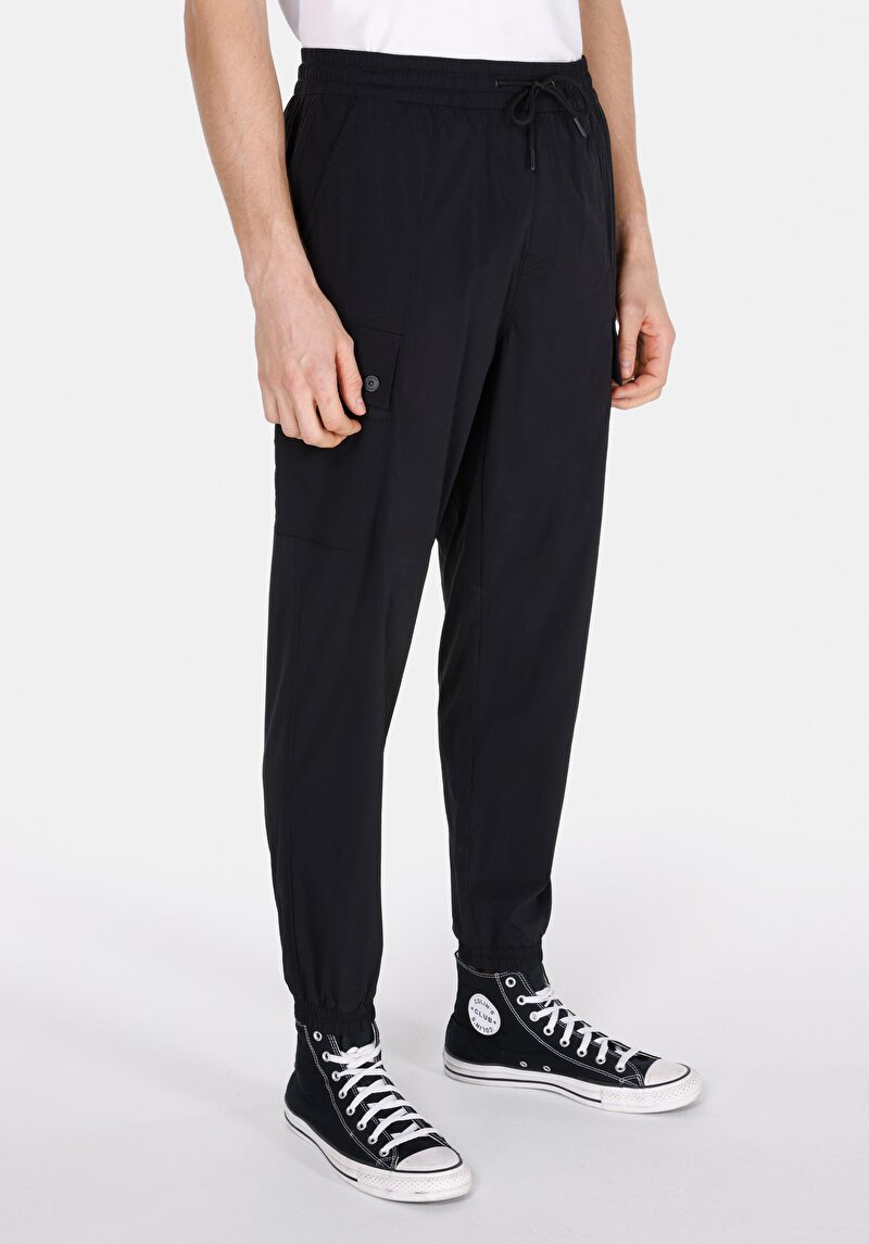 Slim Fit Orta Bel Lastikli Paça Erkek Siyah Pantolon