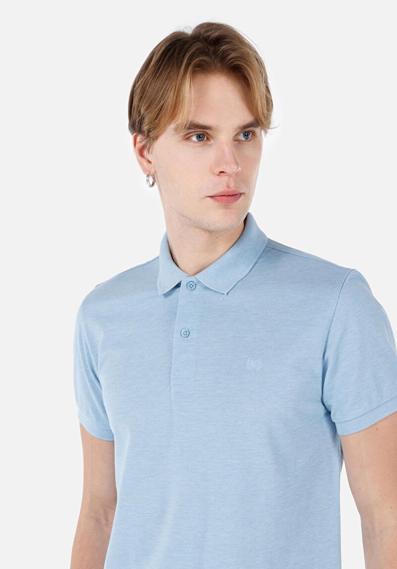 Classic Fit Polo Yaka Düz Erkek Mavi Kısa Kol Tişört