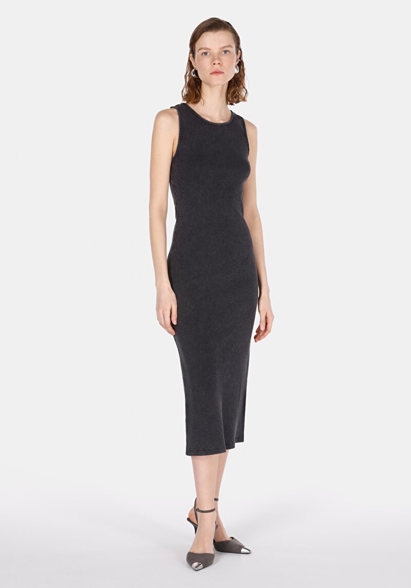 Slim Fit Düz Kadın Antrasit Kolsuz Elbise