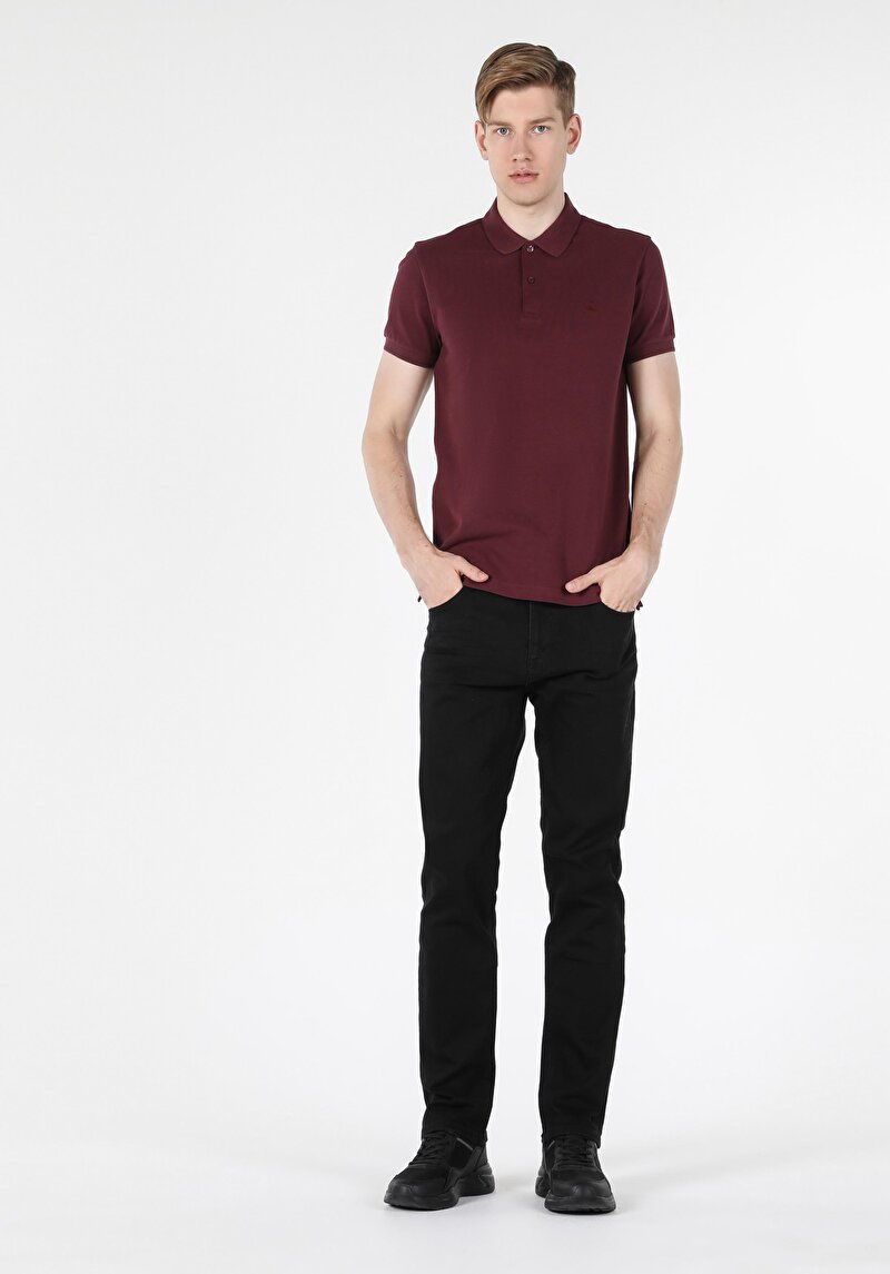 Classic Fit Polo Yaka Düz Erkek Bordo Kısa Kol Tişört