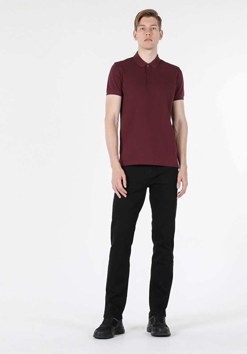 Classic Fit Polo Yaka Düz Erkek Bordo Kısa Kol Tişört
