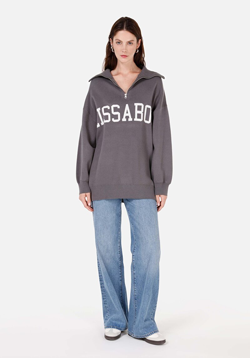 Comfort Fit Fermuarlı Kadın Gri Kazak