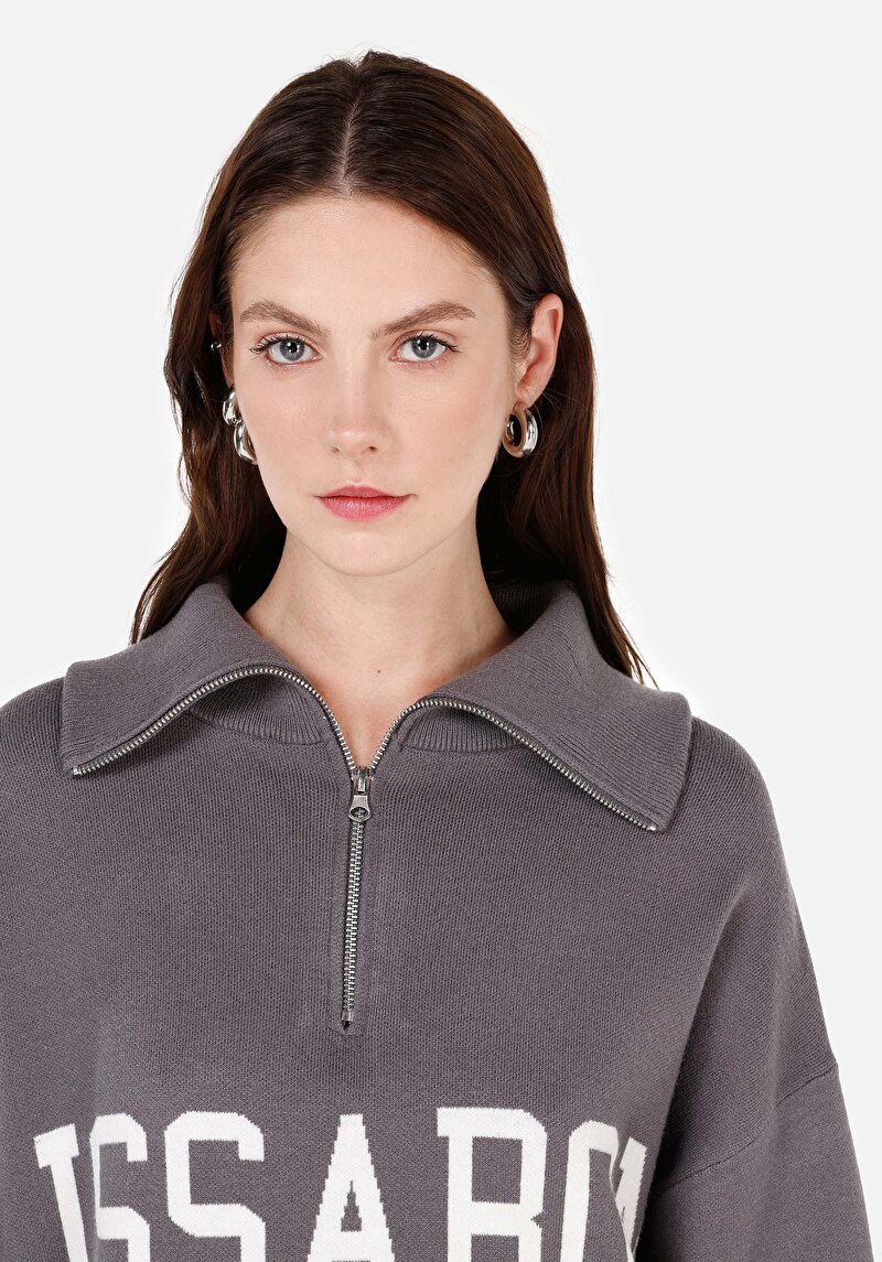 Comfort Fit Fermuarlı Kadın Gri Kazak