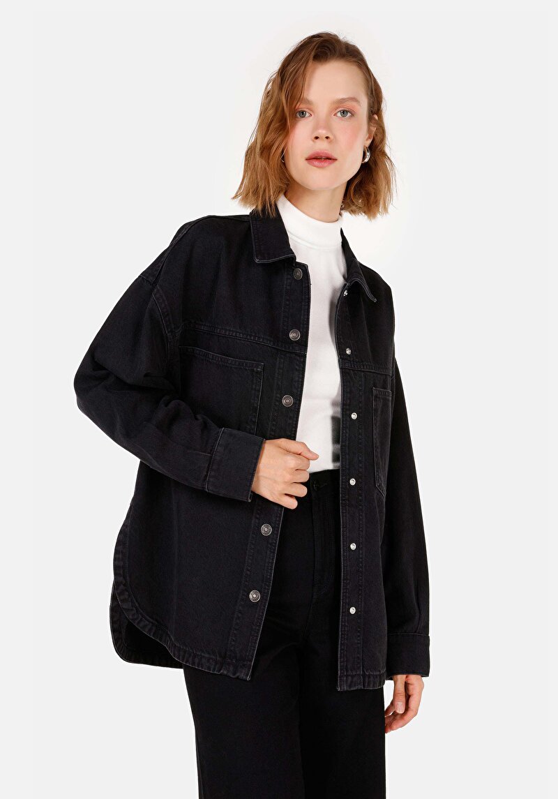Oversize Fit Klasik Yaka  Kadın Mavi Uzun Kol Gömlek